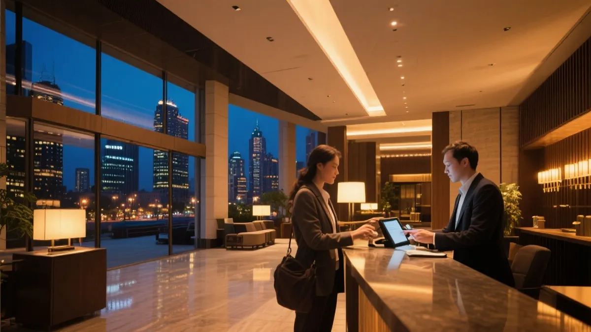 洛杉矶酒店前台与城市夜景结合的旅行经济氛围图